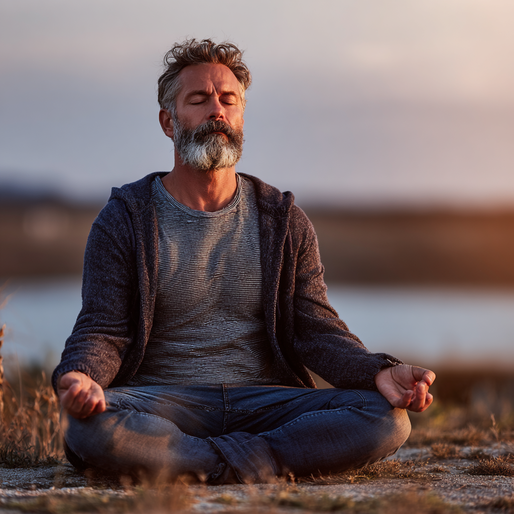 Middle-aged man meditating and practicing mindfulness outdoors