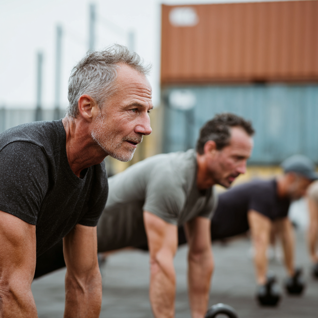 Middle-aged men training together in outdoor fitness environment